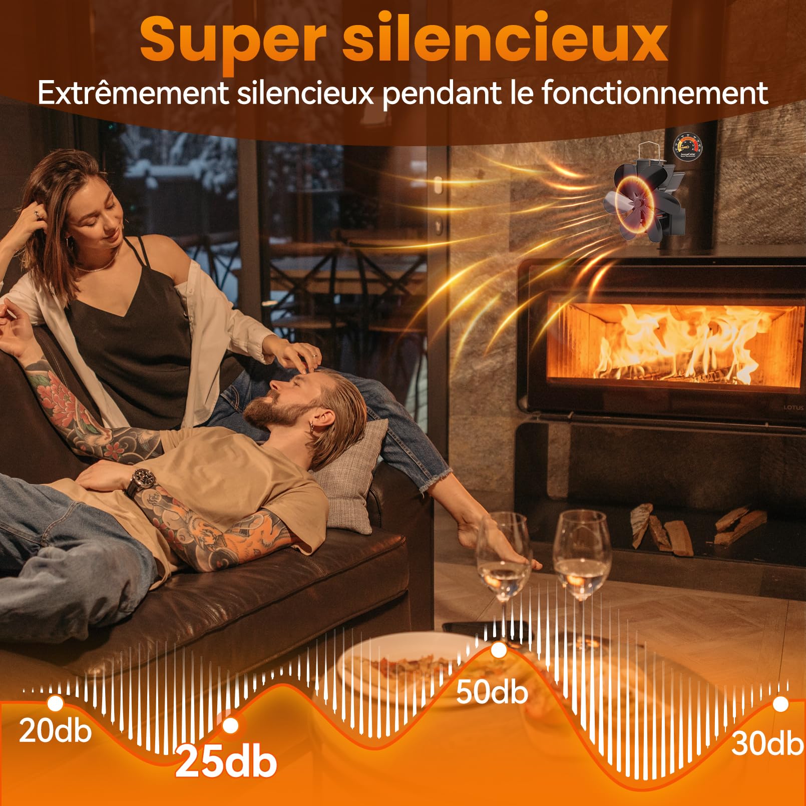 JossaColar Ventilateur Poele à Bois Magnetique 6 Pales | Socle Réglable - Adapté aux Cheminées et aux Tuyaux de Poêle | Ventilateur de Cheminée Avec Thermomètre Magnétique