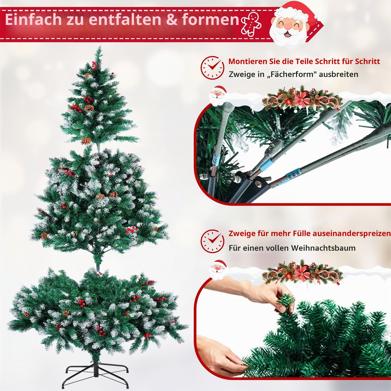 Künstlicher Weihnachtsbaum 180CM,1400 Weiße Äste Einfache Montage, 45CM Eisenständer Inklusive 6 Verschiedene Dekorationen