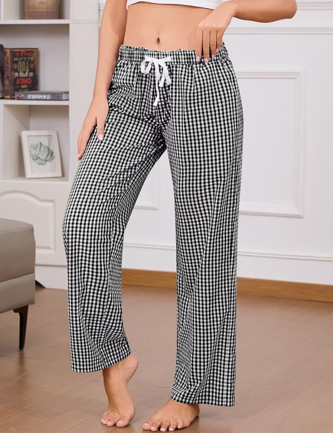 SWOMOG Women 100% Cotton Pajama Pants Striped Plaid Pj Trousers Drawstring Gingham Bottoms Casual Wide Leg Pant with Pocket - Image 2