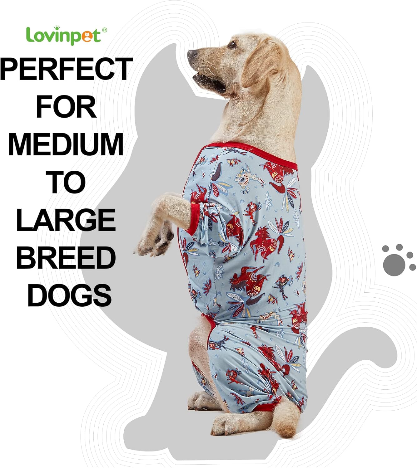 LovinPet Giant Big Dog Pajamas, Rabbit and Wild Horse Print, Clothes for Dogs, Lightweight Stretchy Pullover Dog Jammies, Full Coverage Large Breed Dog Onesie, Pet PJ's, L