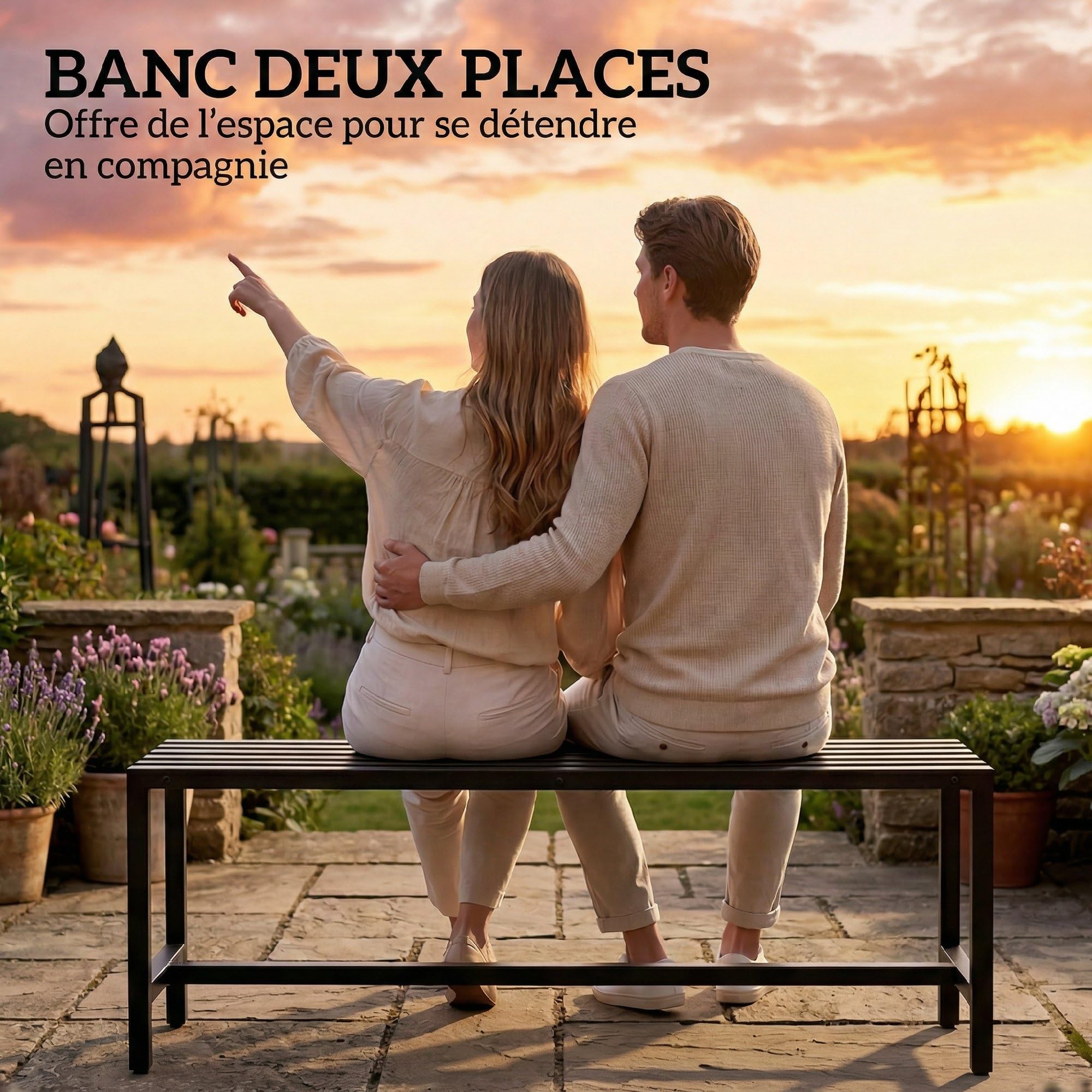 Outsunny Banc de Jardin 2 Places en Acier Galvanisé, Assise à Lattes, sans Dossier, Banc d'Extérieur pour Patio Balcon Parc Terrasse, Capacité 240 kg, 117x36x44cm, Noir
