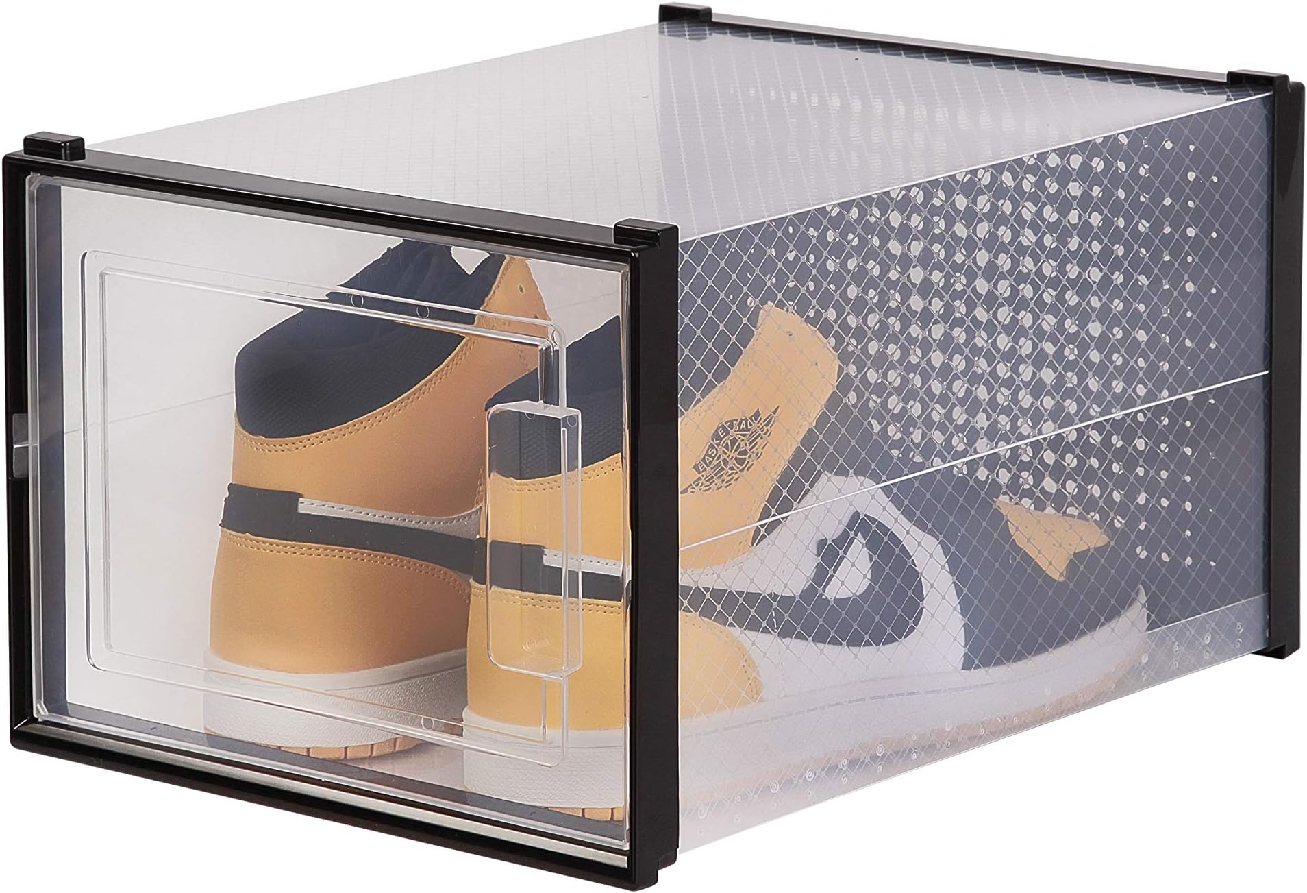 Unistore SB21 Stackable Dropfront easy assemble clear plastic Storage/Shoe box. Easy DIY storage solution for clean organization.[4 Packs] 13"x10"x5", 654 cubic inches-(Black)