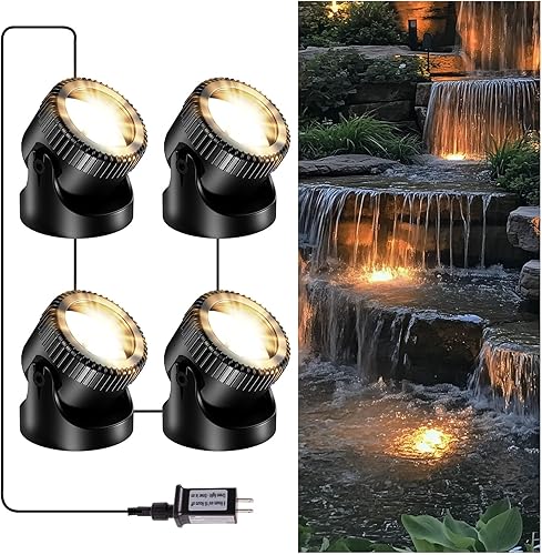 POPOSOAP Luces de estanque, 4 en 1, luces de estanque subacuáticas blancas cálidas, focos LED impermeables IP68 para paisajismo para estanque,