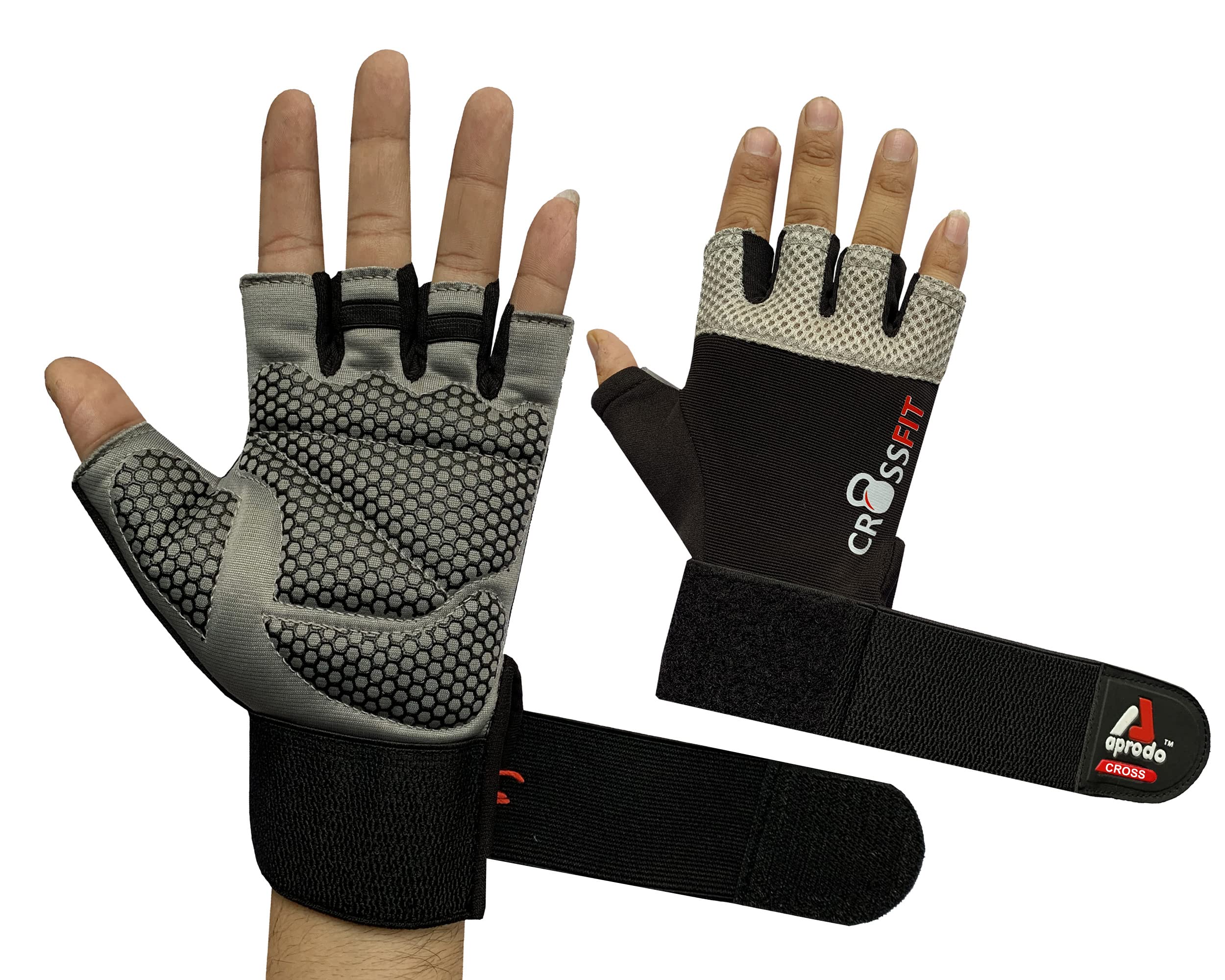 Aprodo Cross-Fitness Training and Workout Weight Lifting Gym Gloves, with Wrist Support, Unisex, Free Size (Grey Black)-image-5