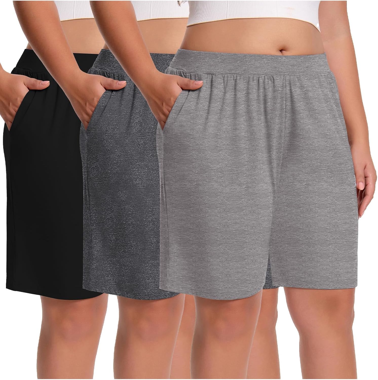 3 Pack Plus Size Women's Bermuda Shorts High Waist Knee Length Bottoms Summer Athletic Casual Short with Pockets