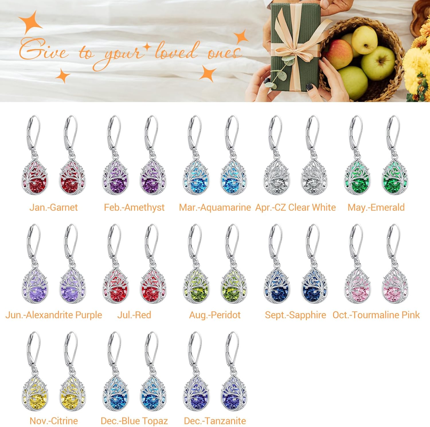 Tree of Life Dangle Drop Earrings 925 Sterling Silver Teardrop Gemstone Birthstone Earring Tree of Life Jewelry Birthday Gifts for Women/Mother/Mom