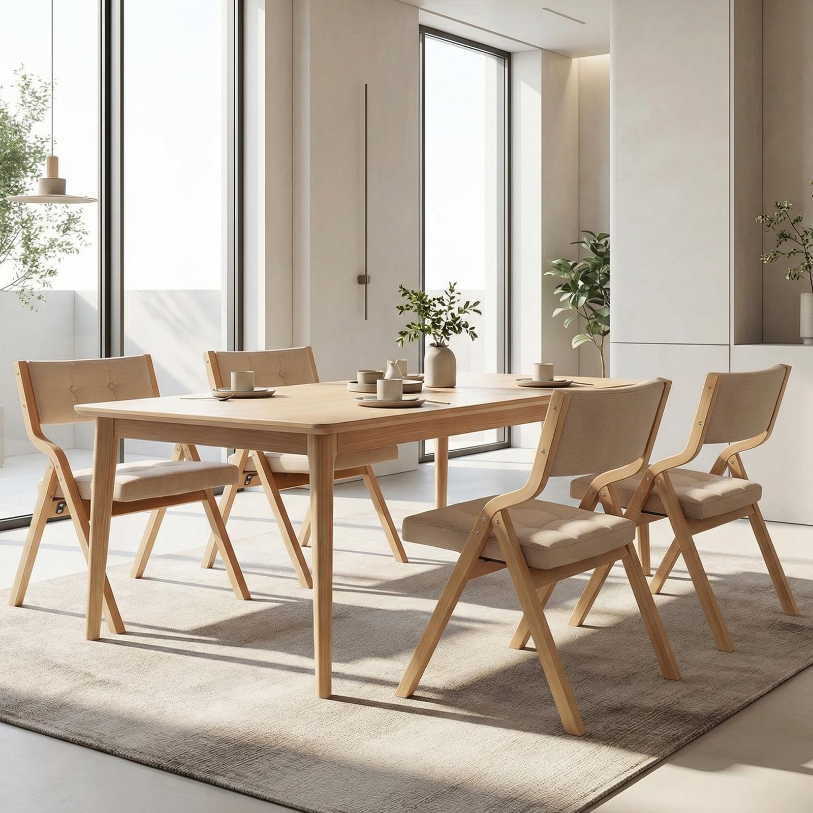 Clevich Chaises Pliantes Tapissées 4pcs, 47 x 55 x 77 cm, chaises Pliantes interieures en Bois, pour Adultes, Style Nordique avec Bois et Tissu Lin, pour invités, Bureau, Mariage et fête, Beige
