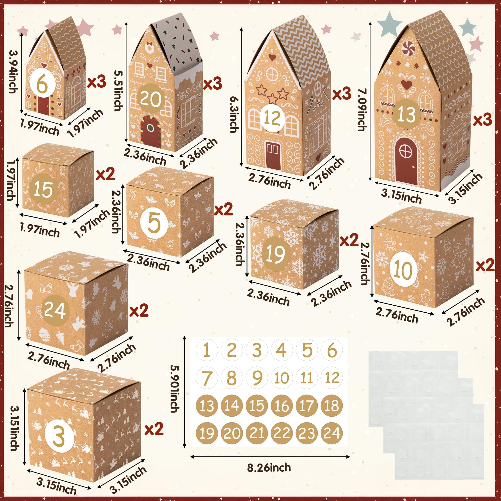 28Pcs Weihnachten Adventskalender Süßigkeiten Leckereien Boxen Leere Adventskalender Boxen zum Befüllen 24 Tage Weihnachten Advent Countdown Nummer Label Aufkleber Geschenkboxen Lebkuchenhaus