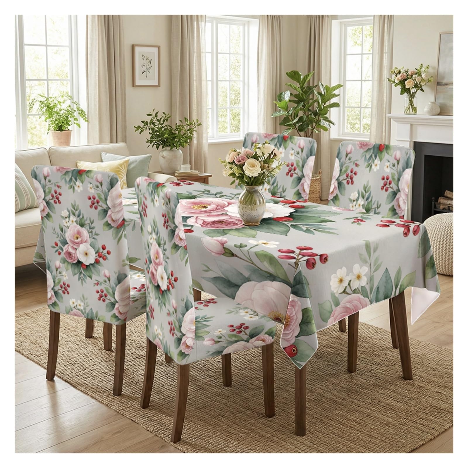 BOSUYBN Soft Watercolor Pink Peony Berry Floral Dining Tablecloth & Chair Covers Set, 5/7 Piece Fresh Cottagecore Farmhouse Dining Room Home Decor Table Setting(5pcs Set: Tablecloth+Chair Covers)
