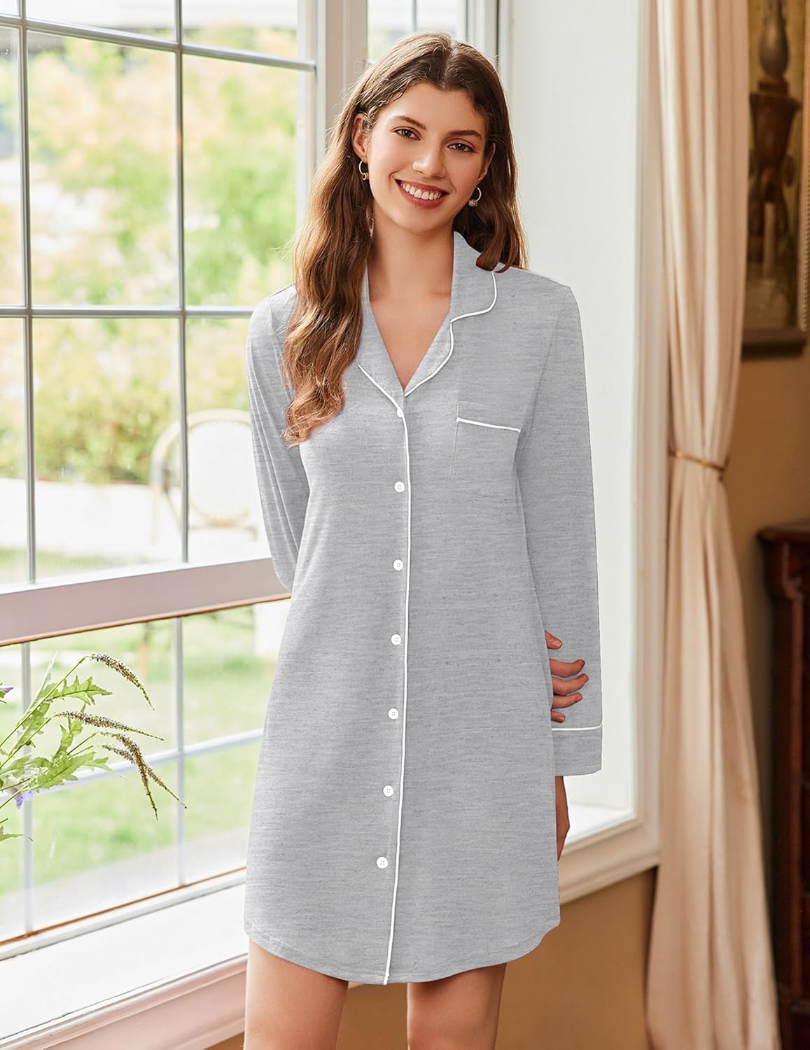 Ekouaer Nightgowns for Women Button Down Sleepshirt Sleepwear Long Sleeve Nightshirt Nursing Nightgown Nightdress Grey XXL - Image 2
