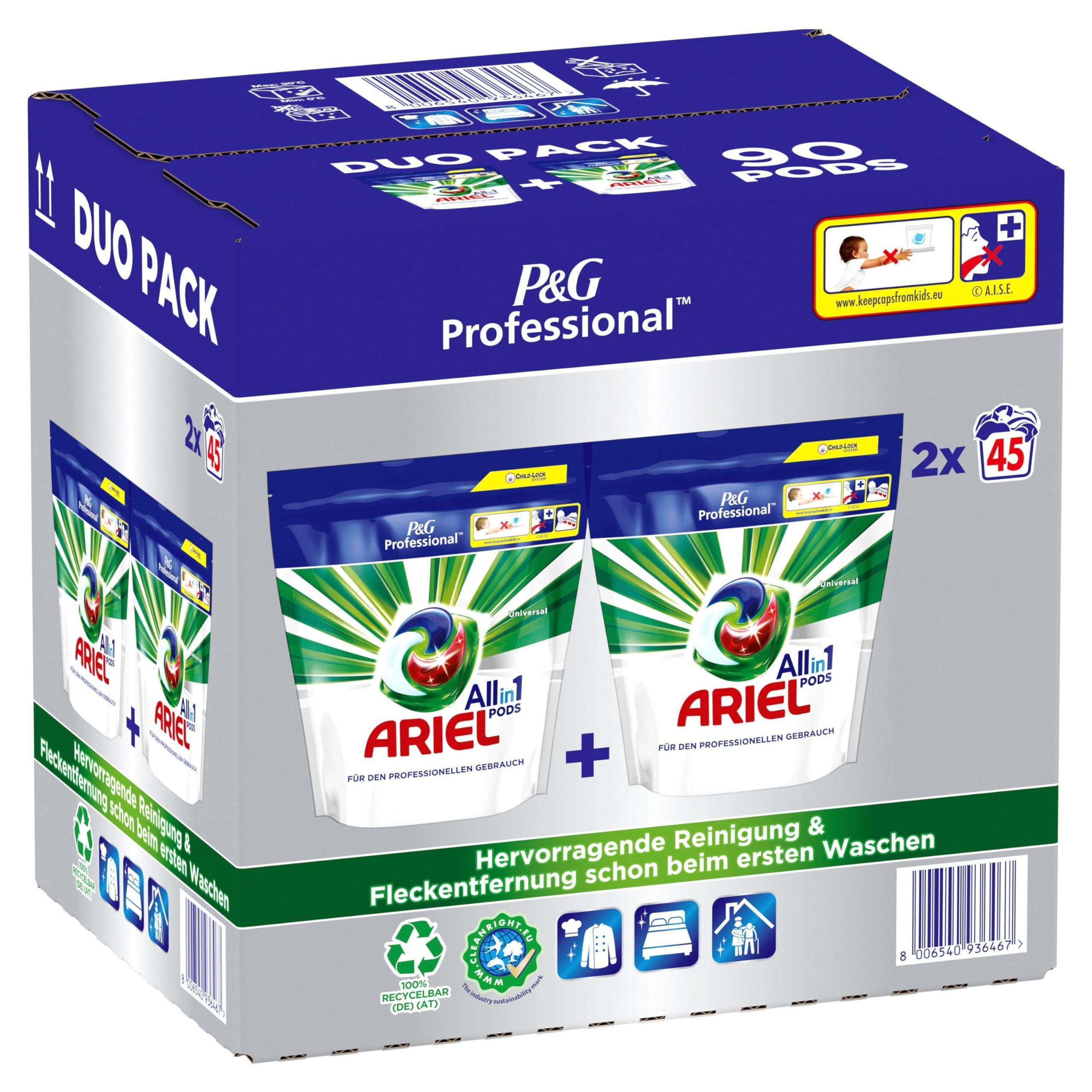 Ariel Professional All-In-1 Pods Regulär Waschmittel, 90 Waschladungen (2 x 45 Kapseln), Waschpods, professionelle Wäschepflege, ausgezeichnete Fleckentfernung ab der ersten Wäsche