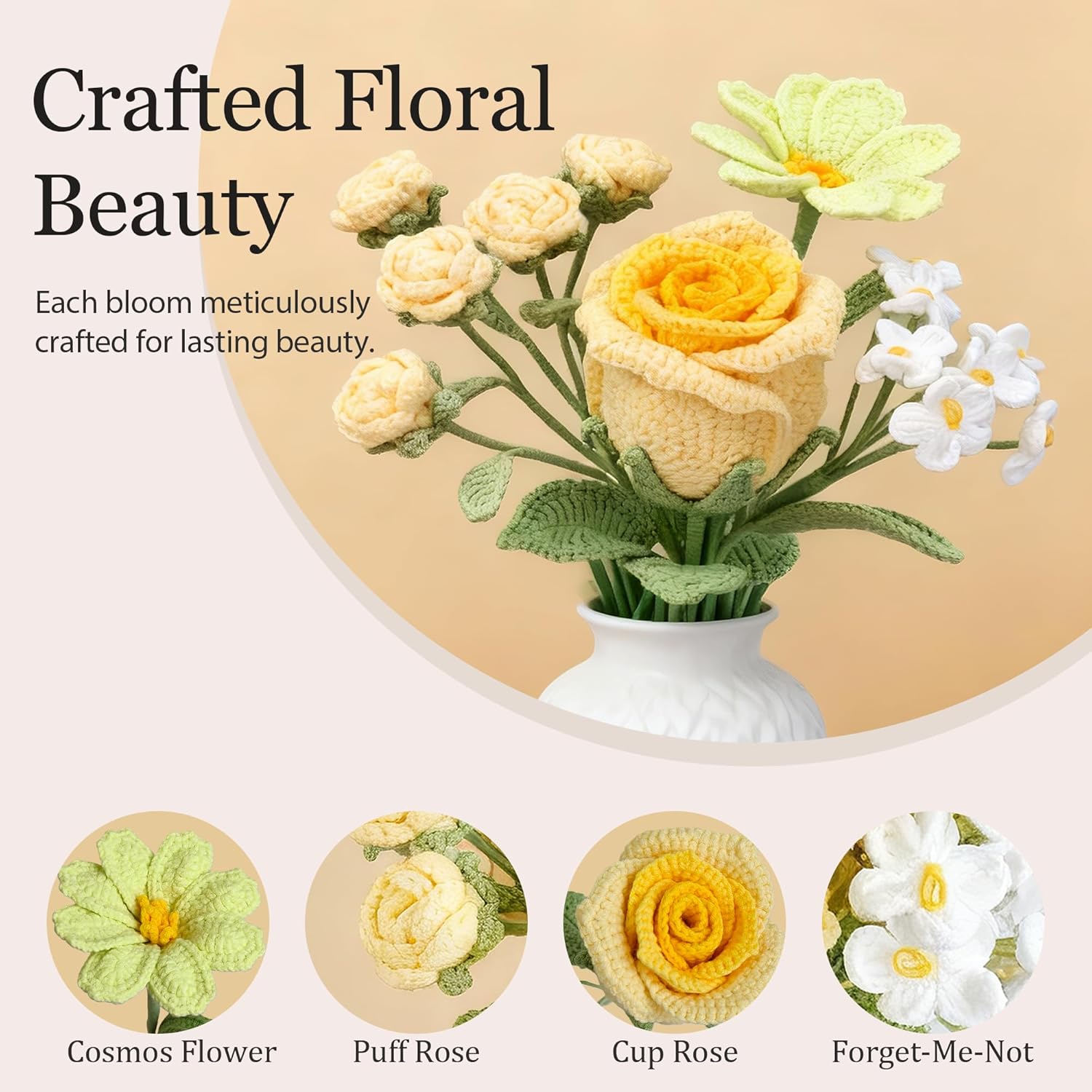 Yellow Crochet Flower Bouquet, Finished Handmade Rose and Forget-Me-Not, Soft Knitted Forever Flowers for Graduation, Birthday Gift for Women, with Gift Card - Image 5