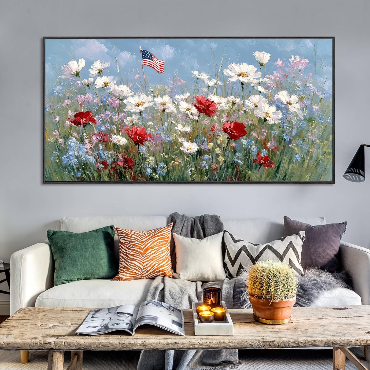 Large Framed American Flag Wildflower Wall Art for Living Room, Patriotic Flower Field Canvas Prints Paintings Artwork, Rustic Farmhouse Floral Landscape Pictures for Hallway Office Wall Decor 16"x30"
