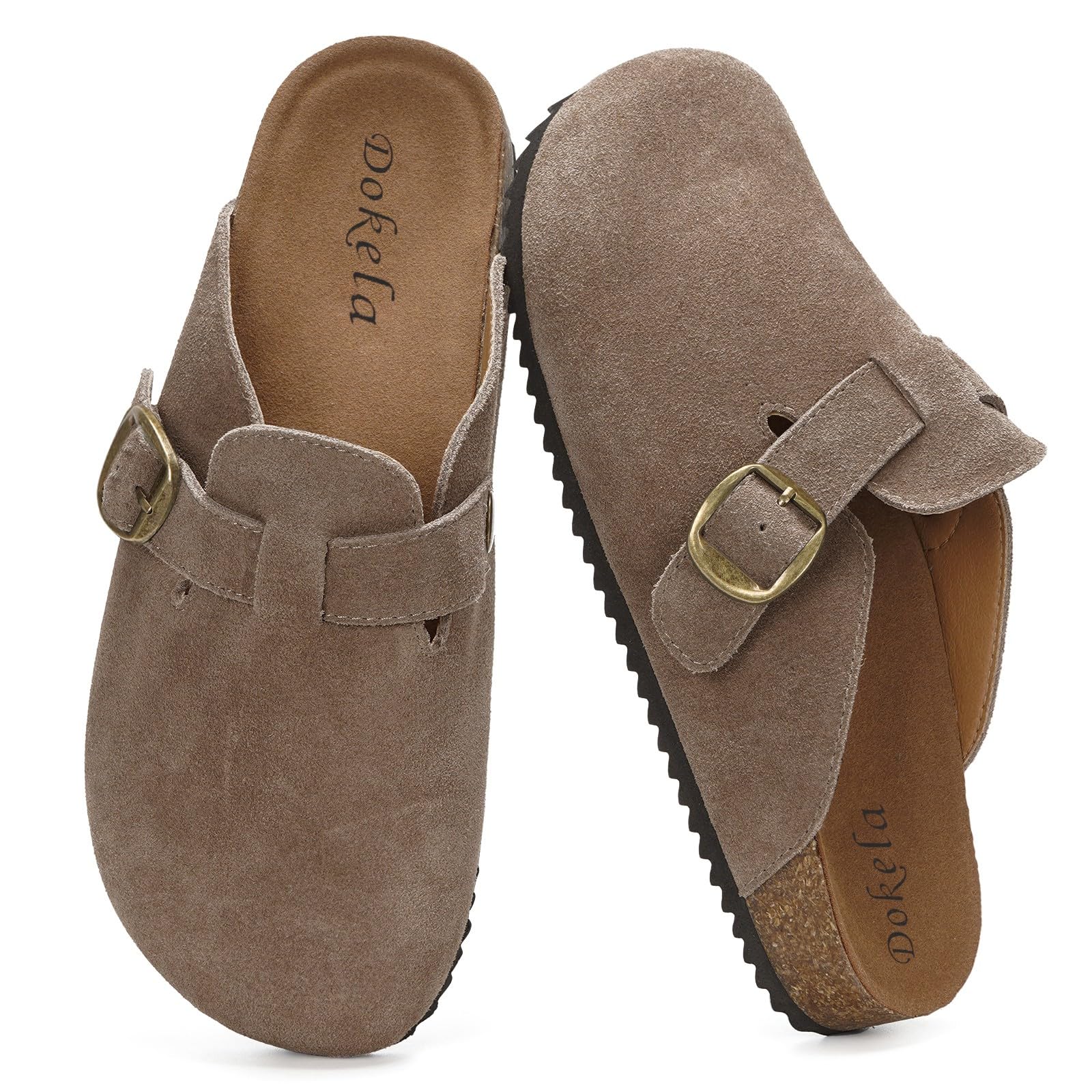 Dokela Clogs Pantoletten Herren Damen Leder Hausschuhe Kork-Fußbett Mules Bequeme Latschen Classic Geschlossene Schlappen