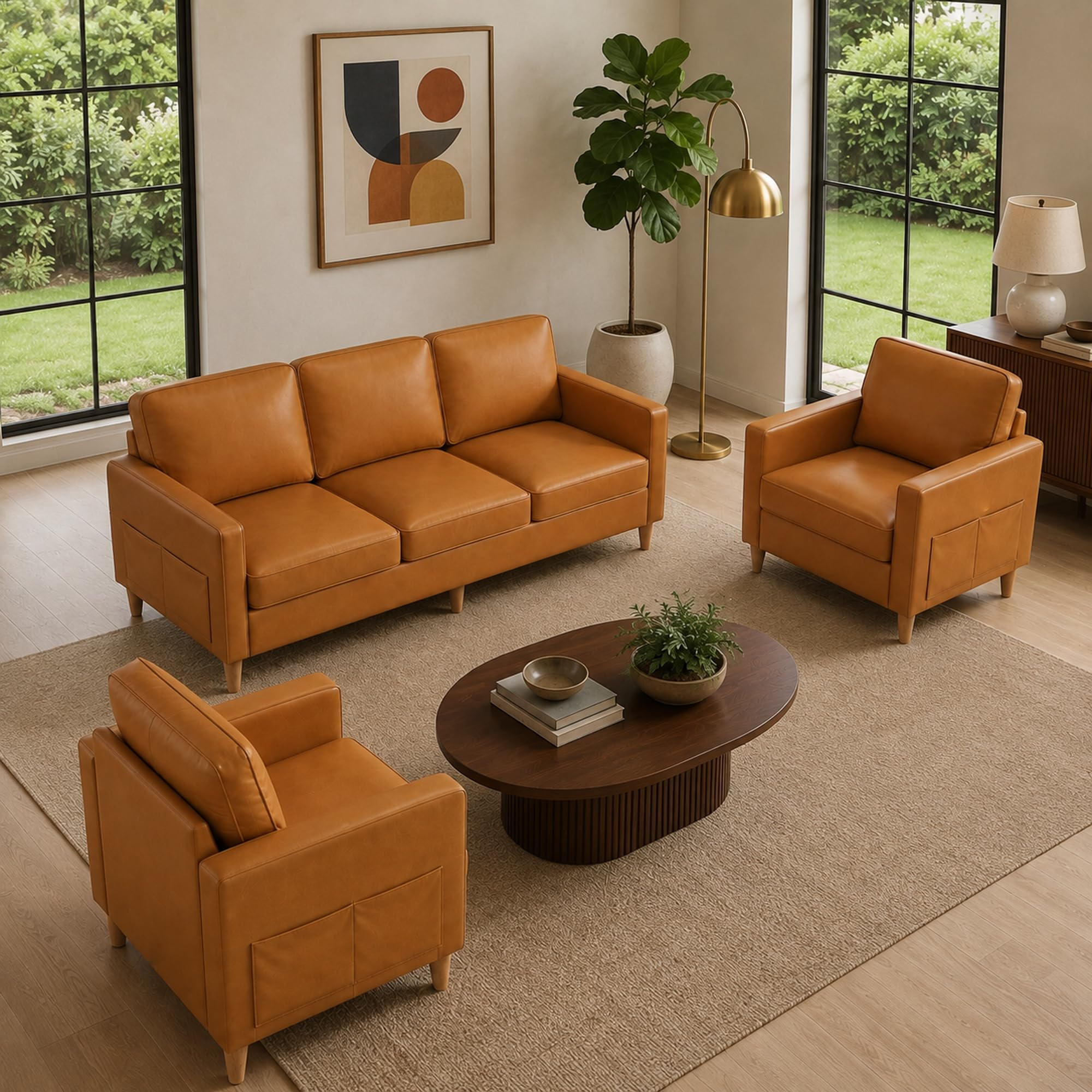 Couch Set for Living Room, 3 Seater Faux Leather Sofa and Chair Set of 2