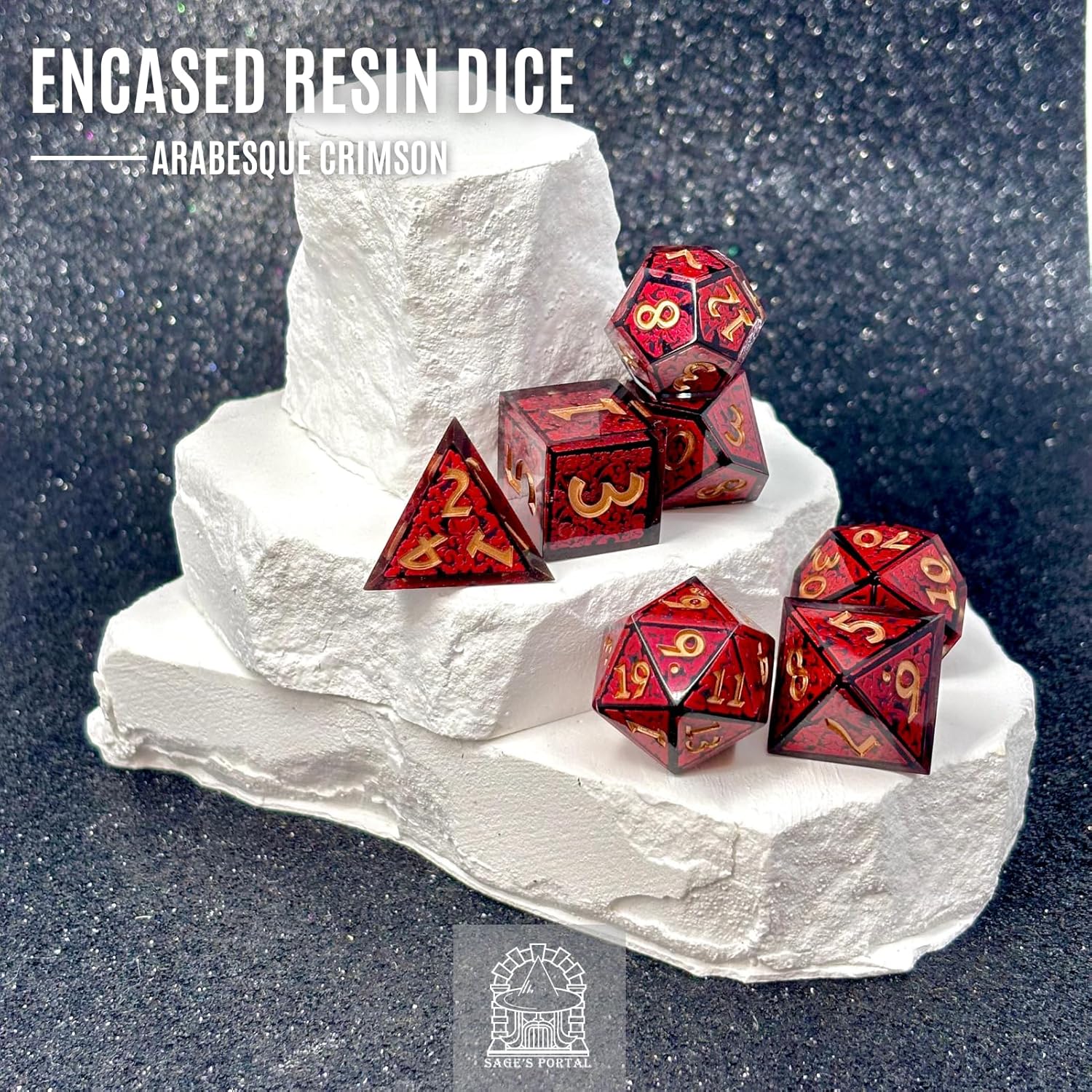 Sage's Encased Sharp Edge Resin Polyhedral Dice Set Unique 7 Piece Inner Core DND Dice for TTRPG Dunegons and Dragons Pathfinder (Arabesque Crimson)