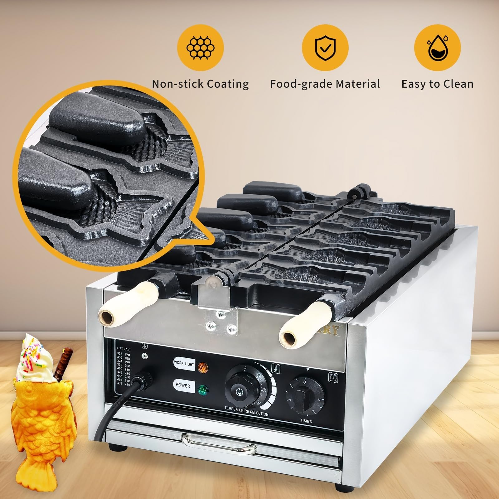 Maszyna Taiyaki o mocy 3000 W, gofrownica rybna z 5otwartymi ustami, konstrukcja ze stali nierdzewnej, z zakresem temperatury i kontrolą czasu, do użytku w domu i restauracji