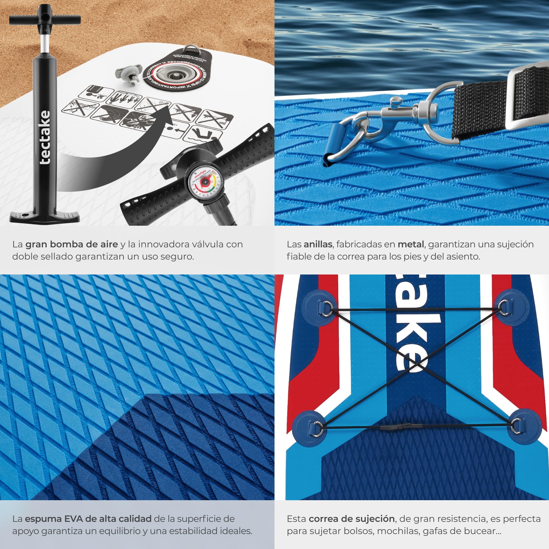 tectake® Tabla Paddle Surf Hinchable, 200 kg, Asiento Kayak, Soporte Cámara | Asiento de Kayak, Capacidad 200 kg, Antideslizante, Drop-Stitch, 288 cm, Resistente, Ligero, Remo Ajustable, SUP, Rojo/Azul