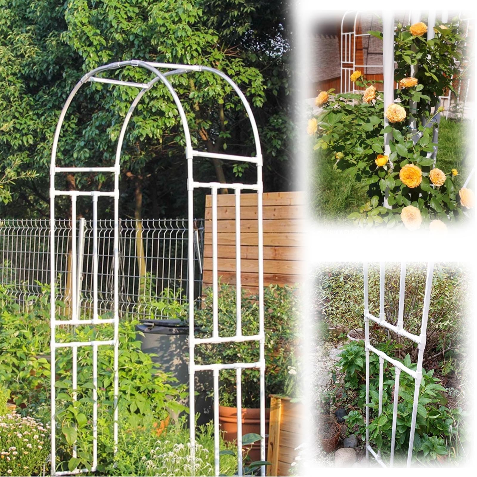Robusto arco da giardino in metallo bianco, 150 x 320 cm di larghezza, resistente alle intemperie per piante rampicanti, supporto per rose, pergola ad arco decorativo per esterni (larghezza 180 cm x