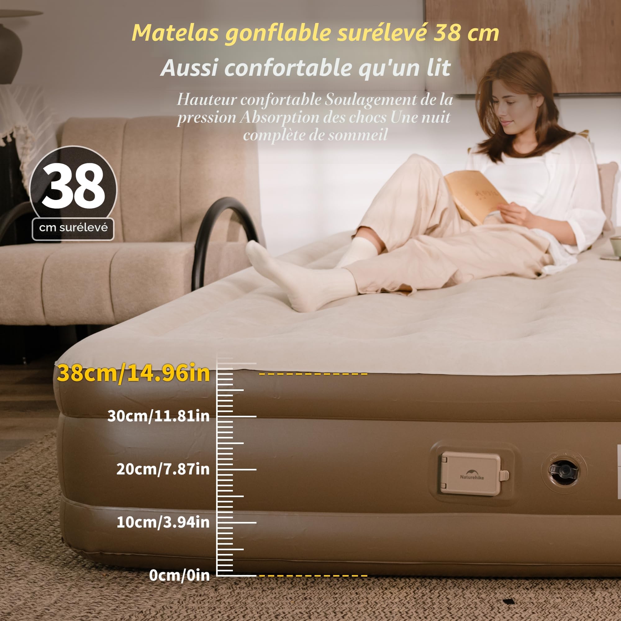 Naturehike Matelas Gonflable 3 Personnes avec Pompe Intégrée Rechargeable - 200x180x38 cm Lit Gonflable Autogonflant pour Camping et Maison - Matelas Camping Portable