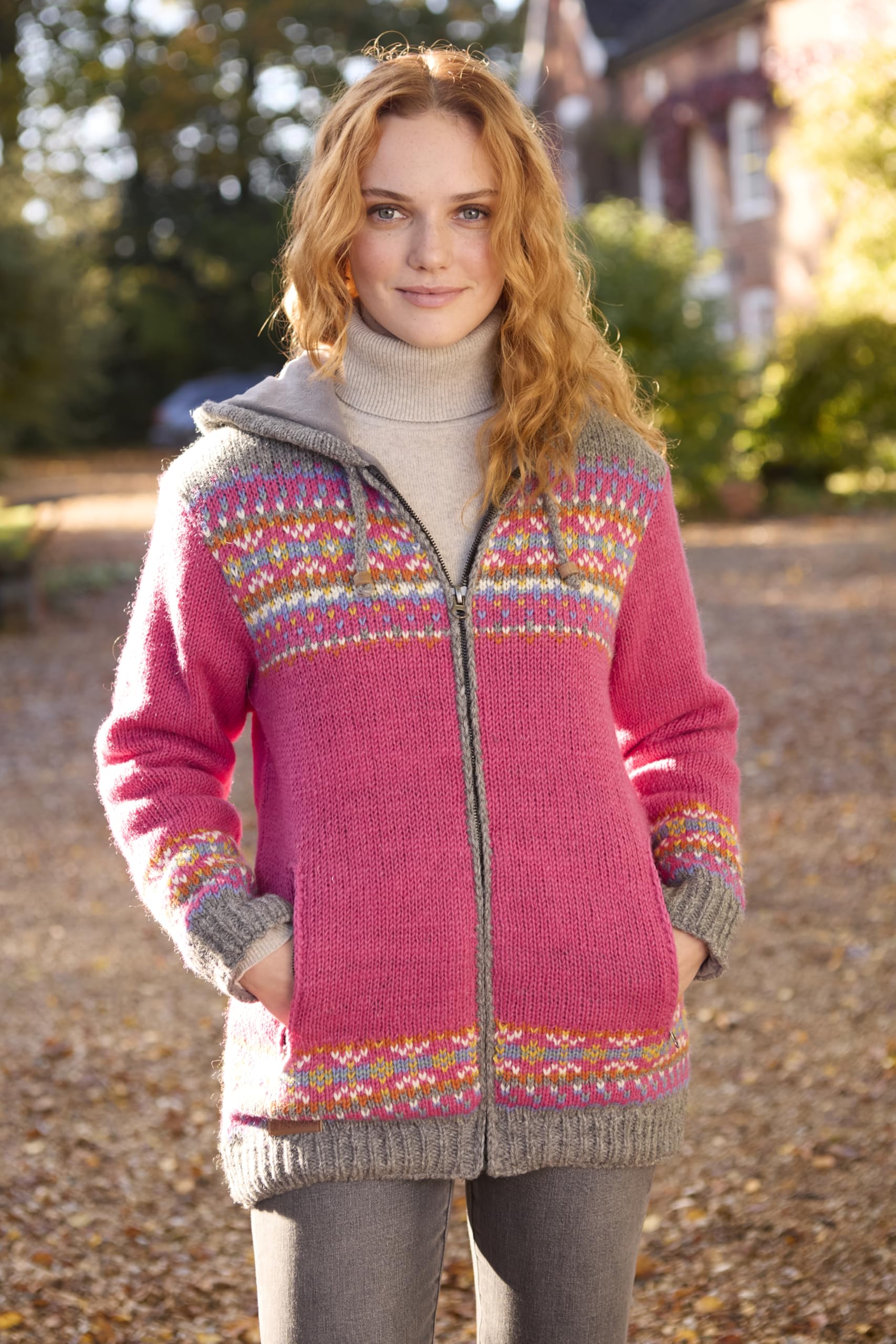 Pachamama Damska wełniana bluza z kapturem z podszewką polarową ręcznie robiona tradycyjna Fair Isle kolorowa ręcznie robiona gruba termiczna bardzo ciepła kieszeń bluza z kapturem kurtka Fair Trade