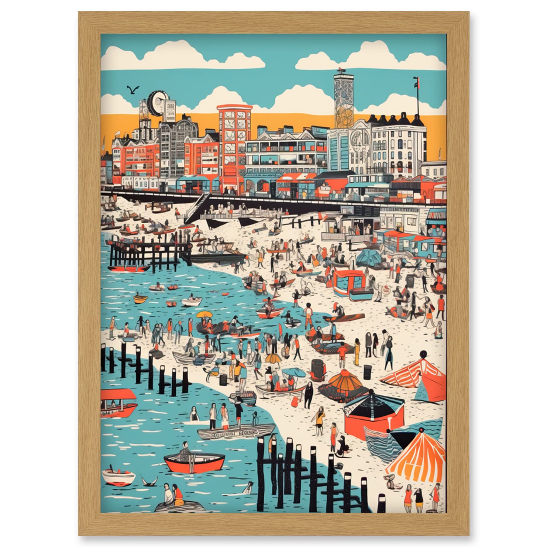 Artery8 Brighton Beach Warm Summer Day Colourful Scene Artwork Framed Wall Art Print A4