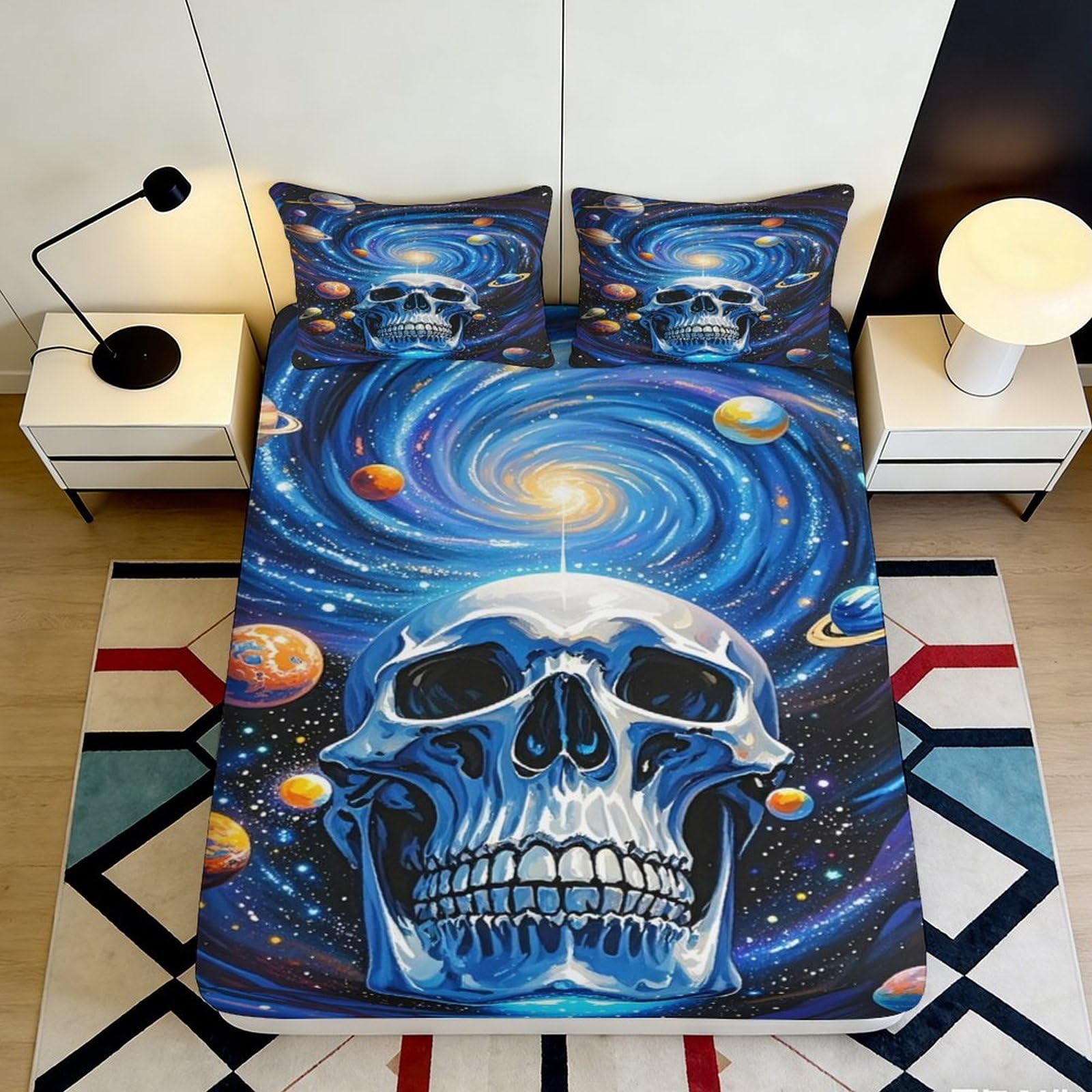 3D Printed Galaxy Skull Fitted Sheet Microfiber Soft Anti-Slip Cosmic Nebula Bed Cover for Bedroom Dorm Decor Mattress Protection 90x200x25cm