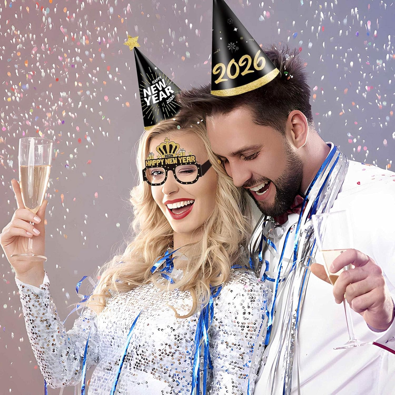 Happy New Year Party Decorations Supplies 2026- Hats, Banner, Glasses, Foil Balloon and Fringe Curtains, New Years Eve Black and Gold Party Decorations - Image 6