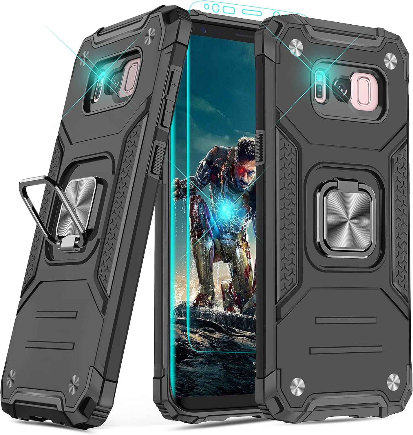YmhxcY Galaxy S8 Plus Case with HD Screen Protector, Armor Grade Case with Rotating Holder Kickstand Non-Slip Hybrid Rugged Phone Case for Galaxy S8