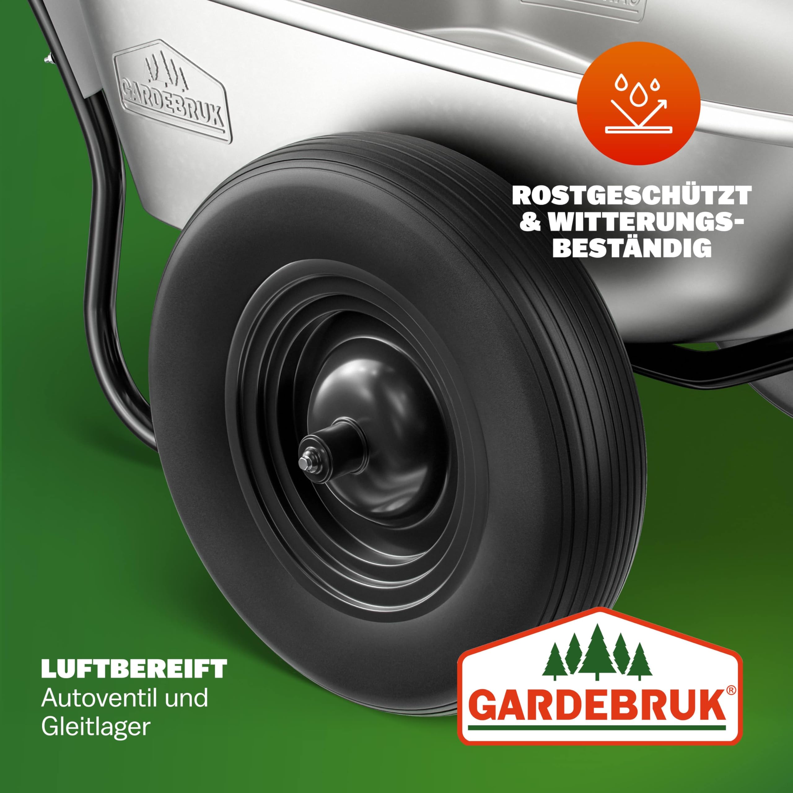 GARDEBRUK Schubkarre 2 Rad 150kg 100L Stahlfelge 2 Luftreifen Autoventil Gleitlager