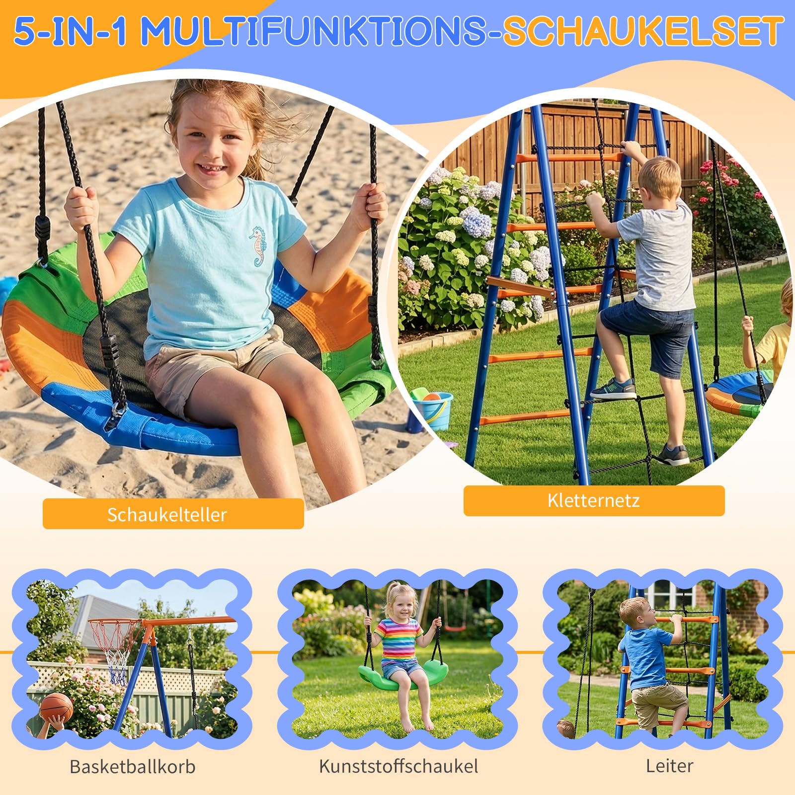 LEADZM Schaukel Outdoor für Kinder mit Klettergerüst, Basketballkorb