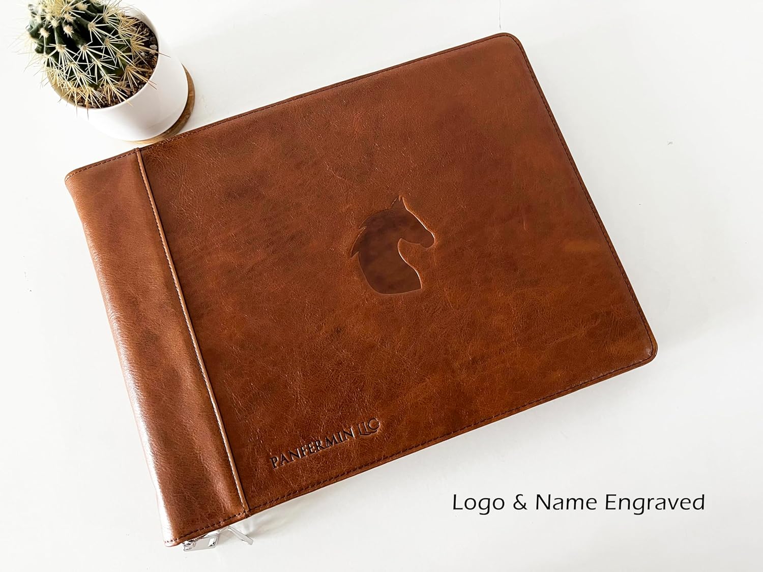 Personalized Padfolio for Men, 8.5 × 14” Legal Size Portfolio Organizer, Leather Binder 3 Ring, Leather Clipboard for Women, Leather Portfolio with Handle for 15-inch Laptop（Custom, Oil-Brown