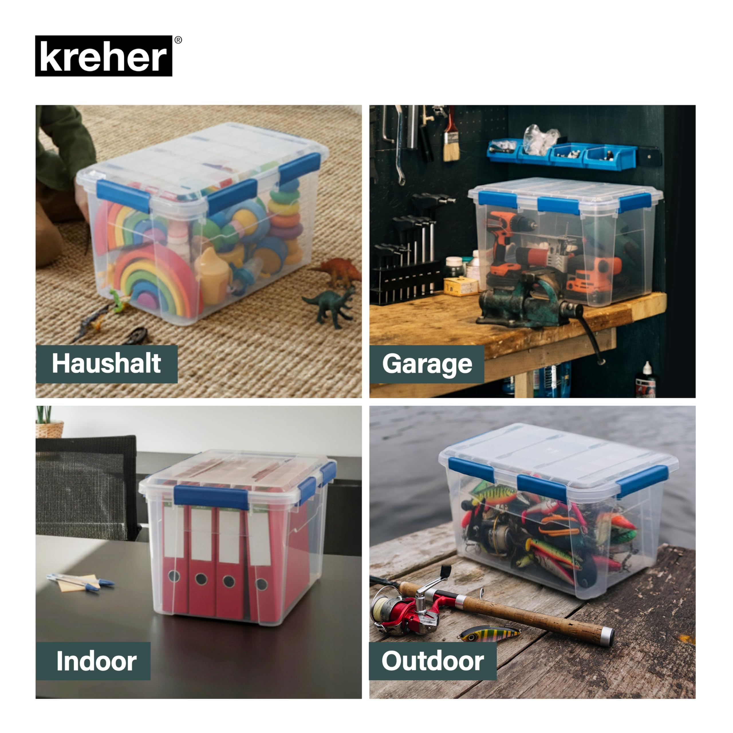 Kreher® Aufbewahrungsbox 75 Liter mit Deckel – wasserdicht & staubdicht, transparent & stapelbar, BPA- & schadstofffrei, robuste Kunststoffbox mit Silikondichtung & 6 Clips (2)