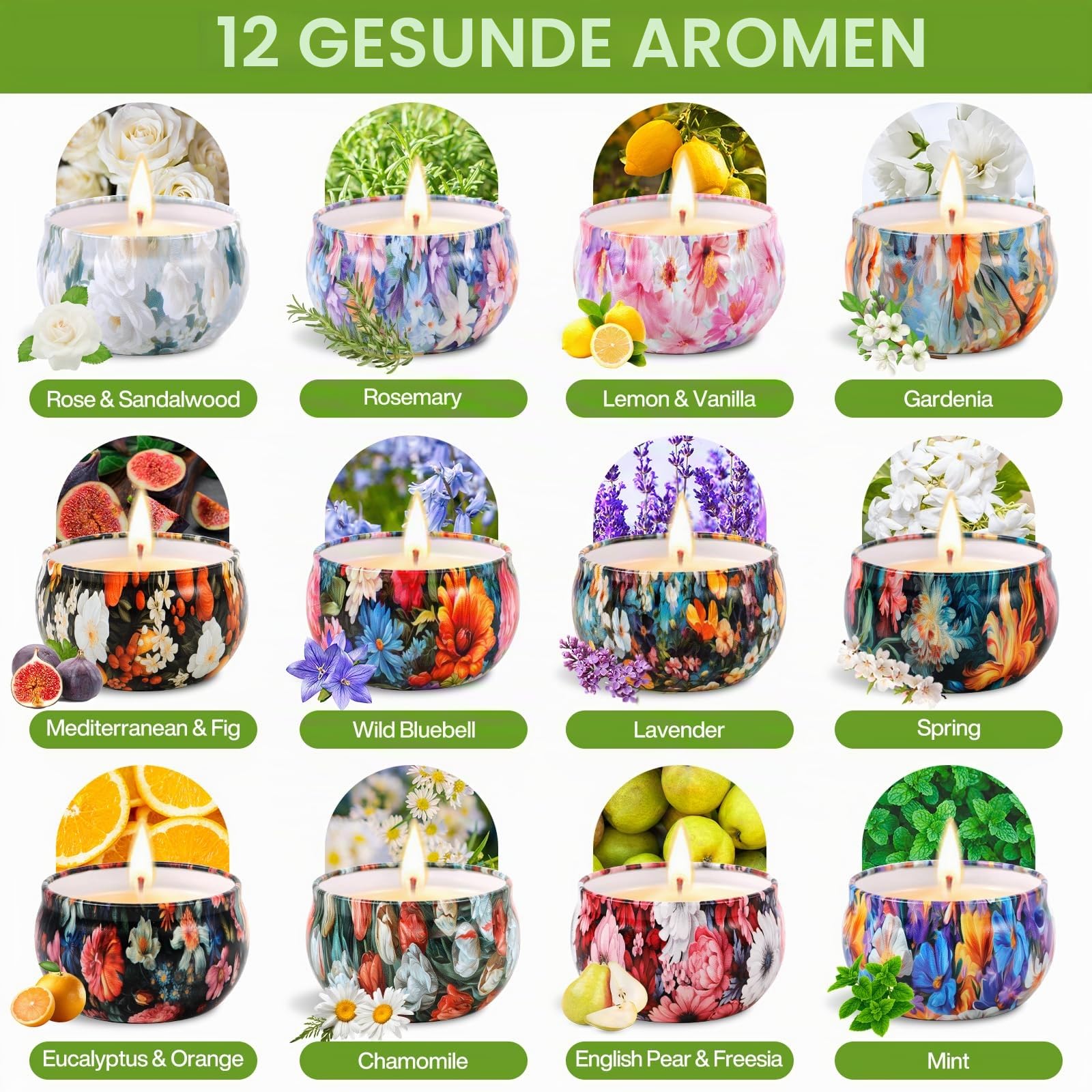 12 Stück Duftkerzen Geschenkset, Duftkerzen Set für Frauen, Scented Candle, Natürliches Sojawachs Kerze, kerzen geschenk für Weihnachten, Geburtstag, Valentinstag, Halloween (12 Düfte)