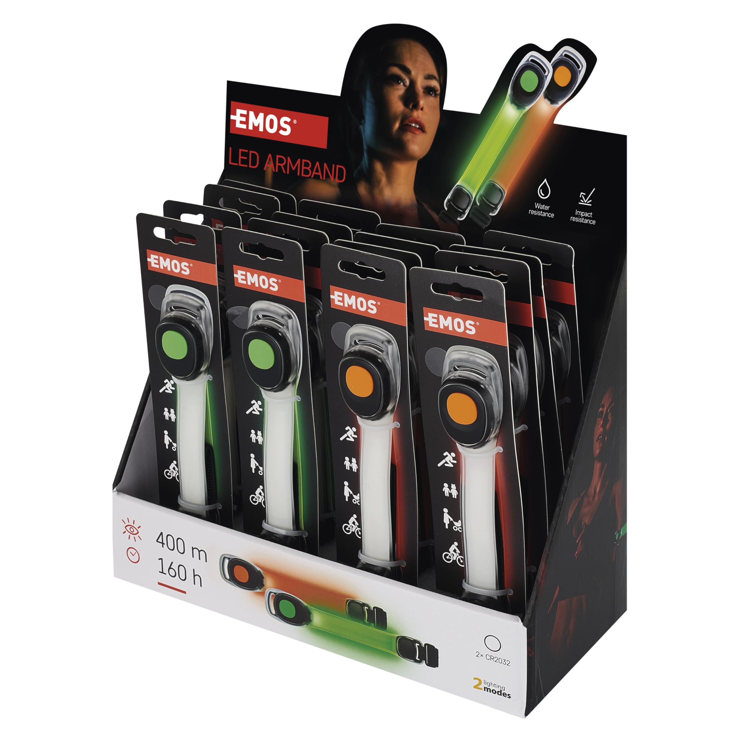 EMOS Lot de 16 Bracelets LED étanches pour la visibilité Lors du Jogging, du vélo, à Piles avec 2 Modes d'éclairage, durée d'éclairage de 160 Heures