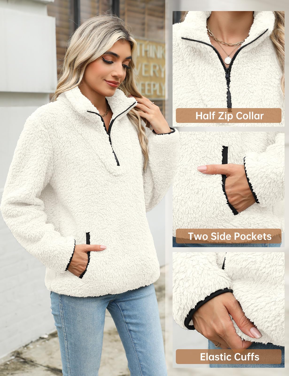 Tuopuda Sweatshirt Femme Polaire Zippé, Sweat Manches Longues, Pulls en Peluche Sweat-Shirt avec Poche Streetwear Sport Tops Élégant Casual Pullover Automne Hiver