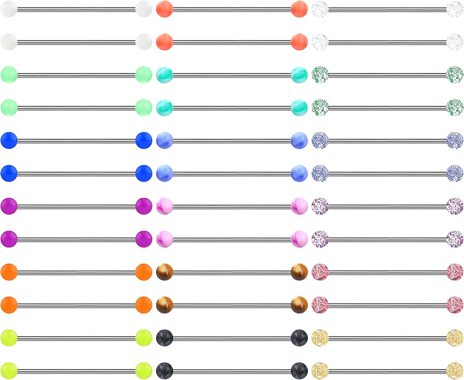 36PCS 14G Stainless Steel Industrial Barbell Earrings for Women Men Acrylic Cartilage Helix Body Piercing Jewelry 38mm 1&1/2 Inch Piercing Bar