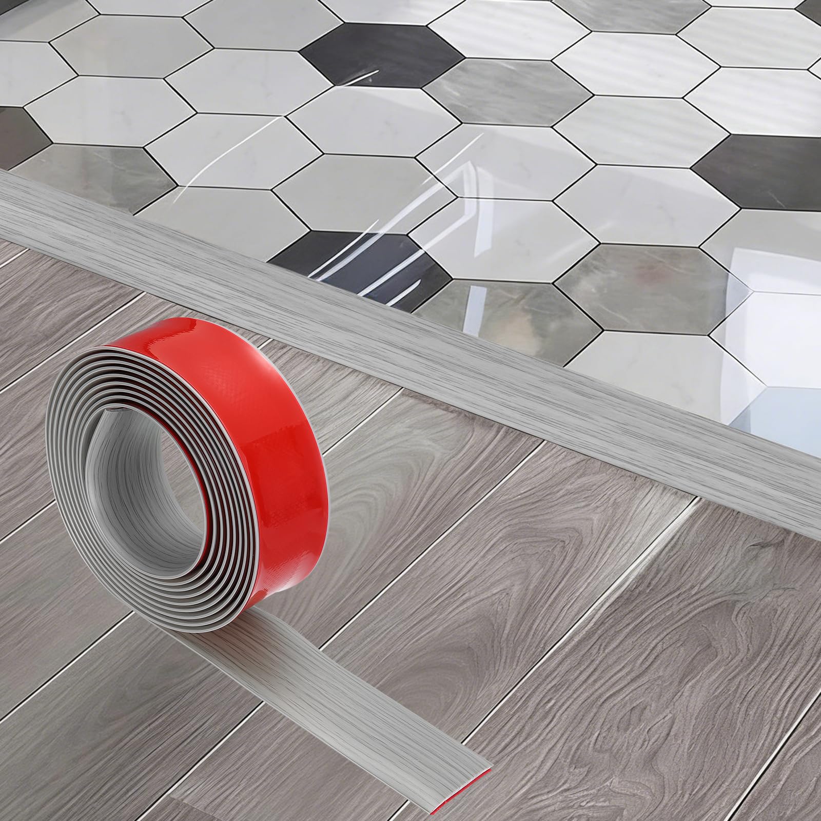 DEFANEX Floor Transition Strip (40mm x 3.5m) - Self Adhesive PVC Flexible Floor Cover Strips Flat Divider Transition for Laminate Flooring Gaps Carpet, Gray Wood Grain