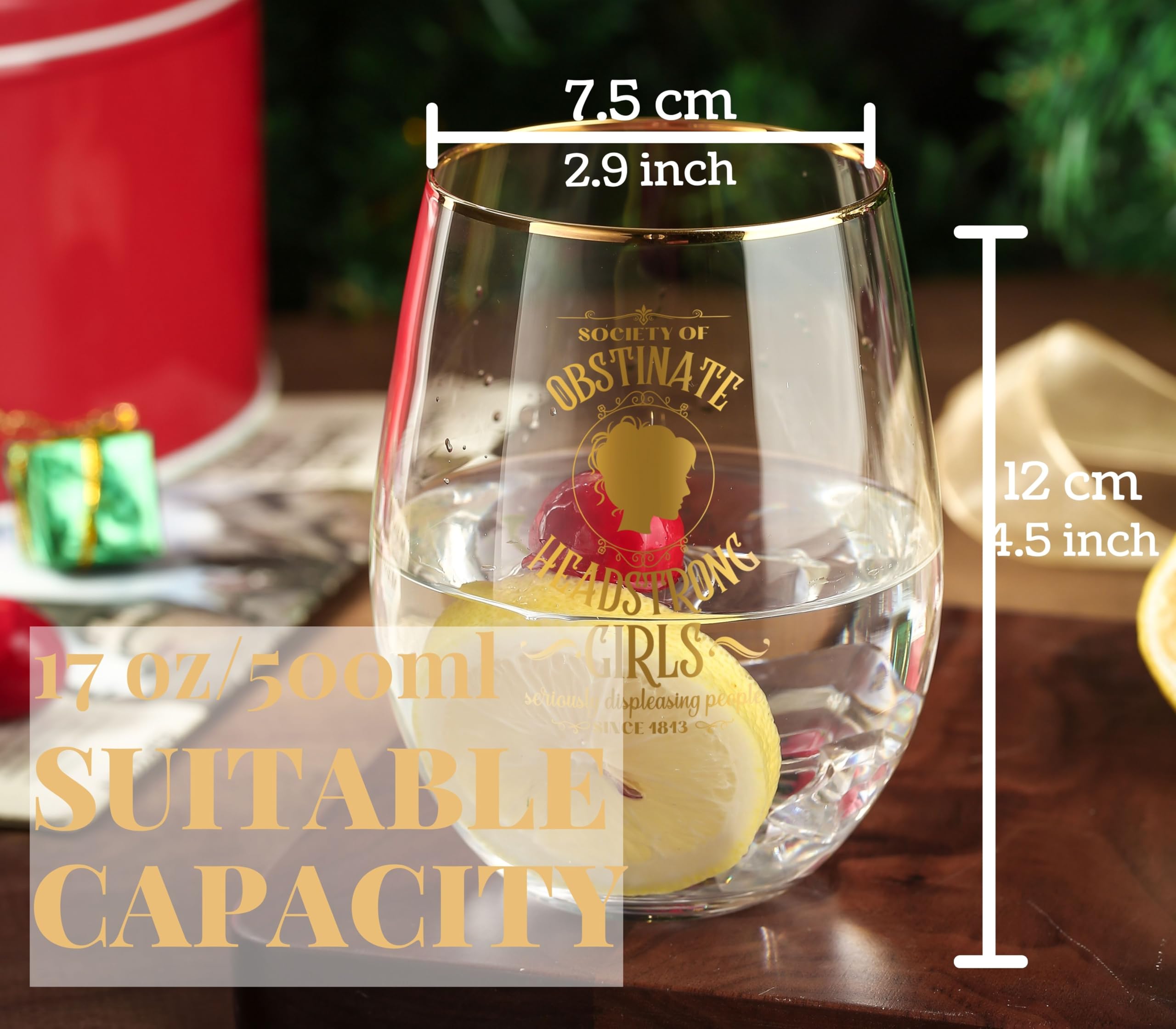 Onebttl Jane Austen Gifts for Women, 18oz Stemless Wine Glasses, Perfect for Pride & Prejudice Book Lovers for Birthday, Christmas