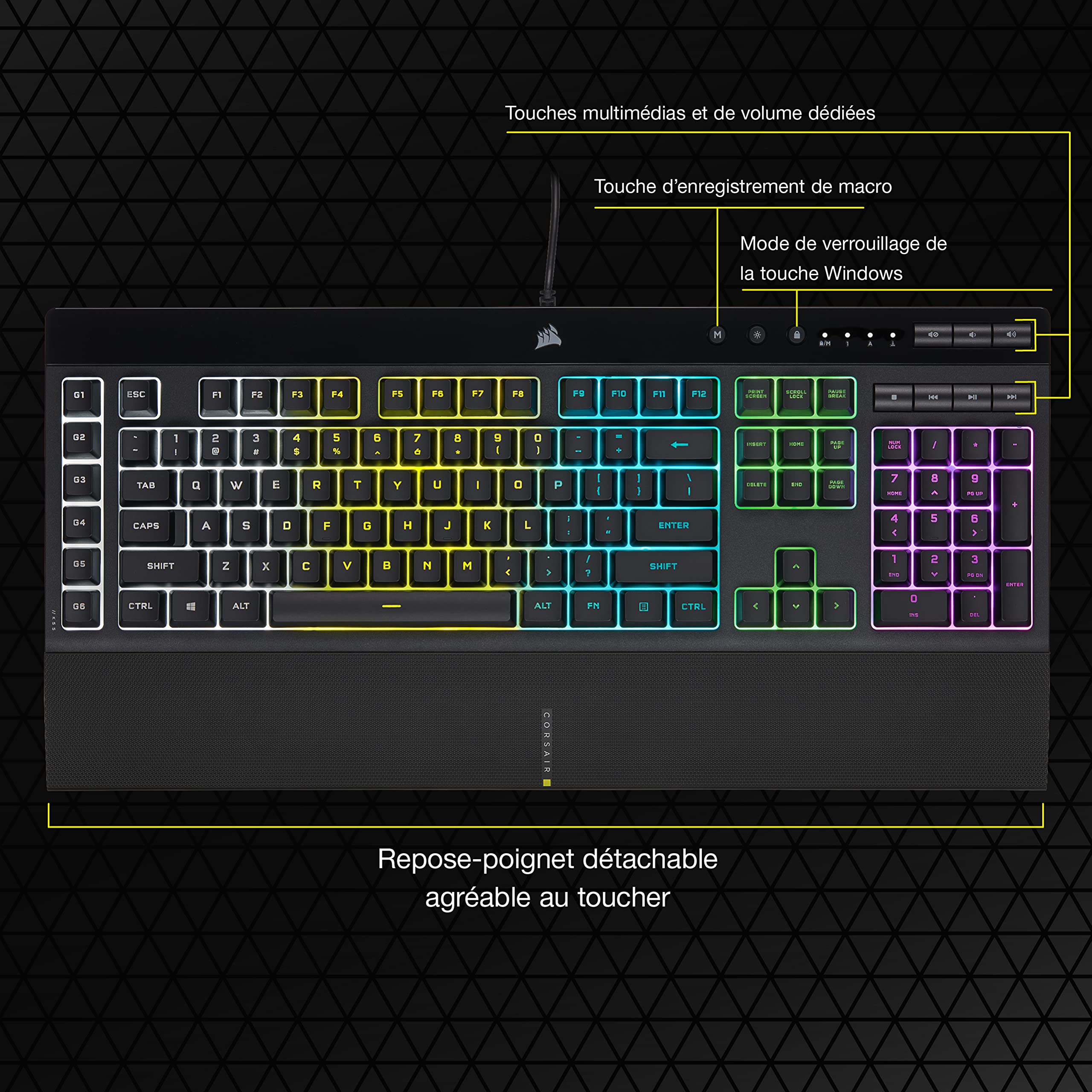 Corsair K55 RGB Pro Clavier de Jeu Filaire à Membrane (AZERTY FR) – Noir | IP42 Résistant à la Poussière et Aux éclaboussures, 6 Touches Macro Intégration Elgato, PC, Mac, Xbox