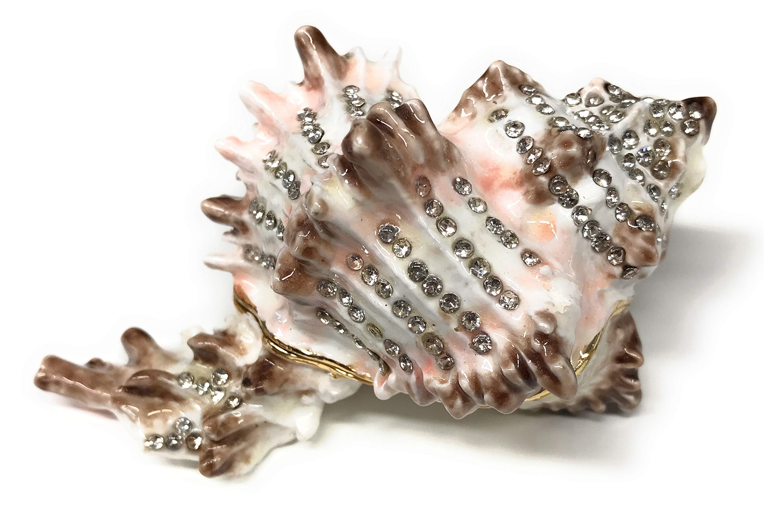 Kubla Crafts Enameled Conch Seashell Trinket Box, Accented with Austrian Crystals, 3.5 Inches Long
