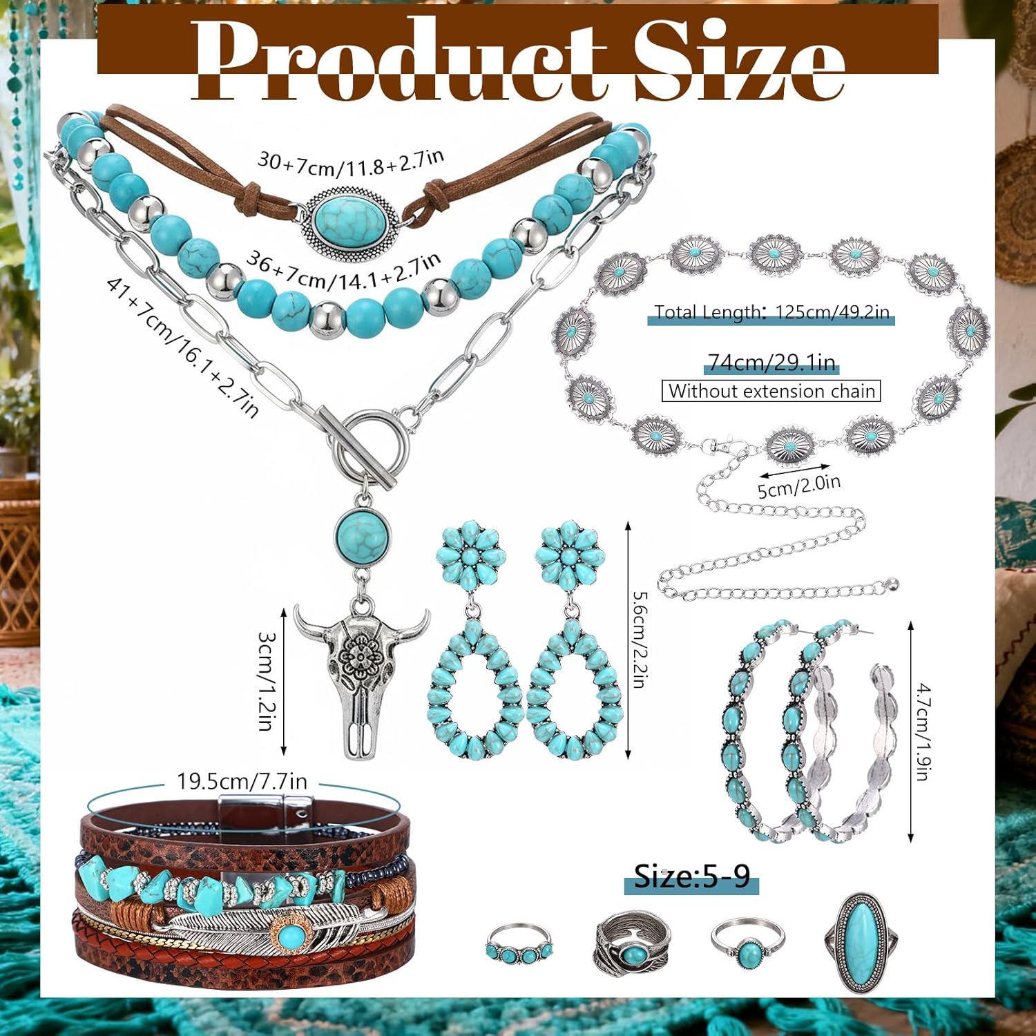 Western Jewelry Set - Boho Turquoise Dangle Earrings Necklace Faux Leather Bracelet Ring with Concho Belt for Women - Image 7