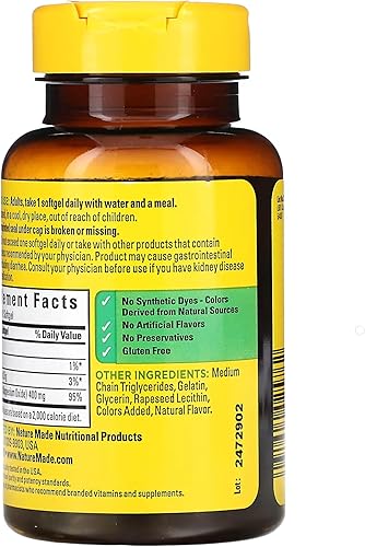 Miniatura 5 de Nature Made Óxido de magnesio extra fuerte 400 mg, suplemento dietético para soporte muscular, nervioso-óseo y cardíaco, 60 cápsulas blandas,