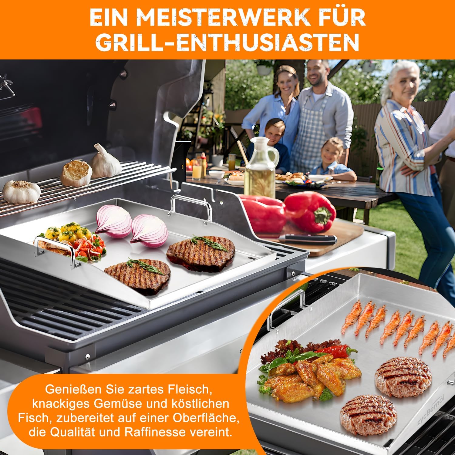 Premium Plancha Grillplatte Set - 40 x 30 cm - Grillplatte für BBQ Gasgrill & Kohlegrill - 4mm Dicke Plancha Gasgrill - Edelstahl mit Grillspachtel Set