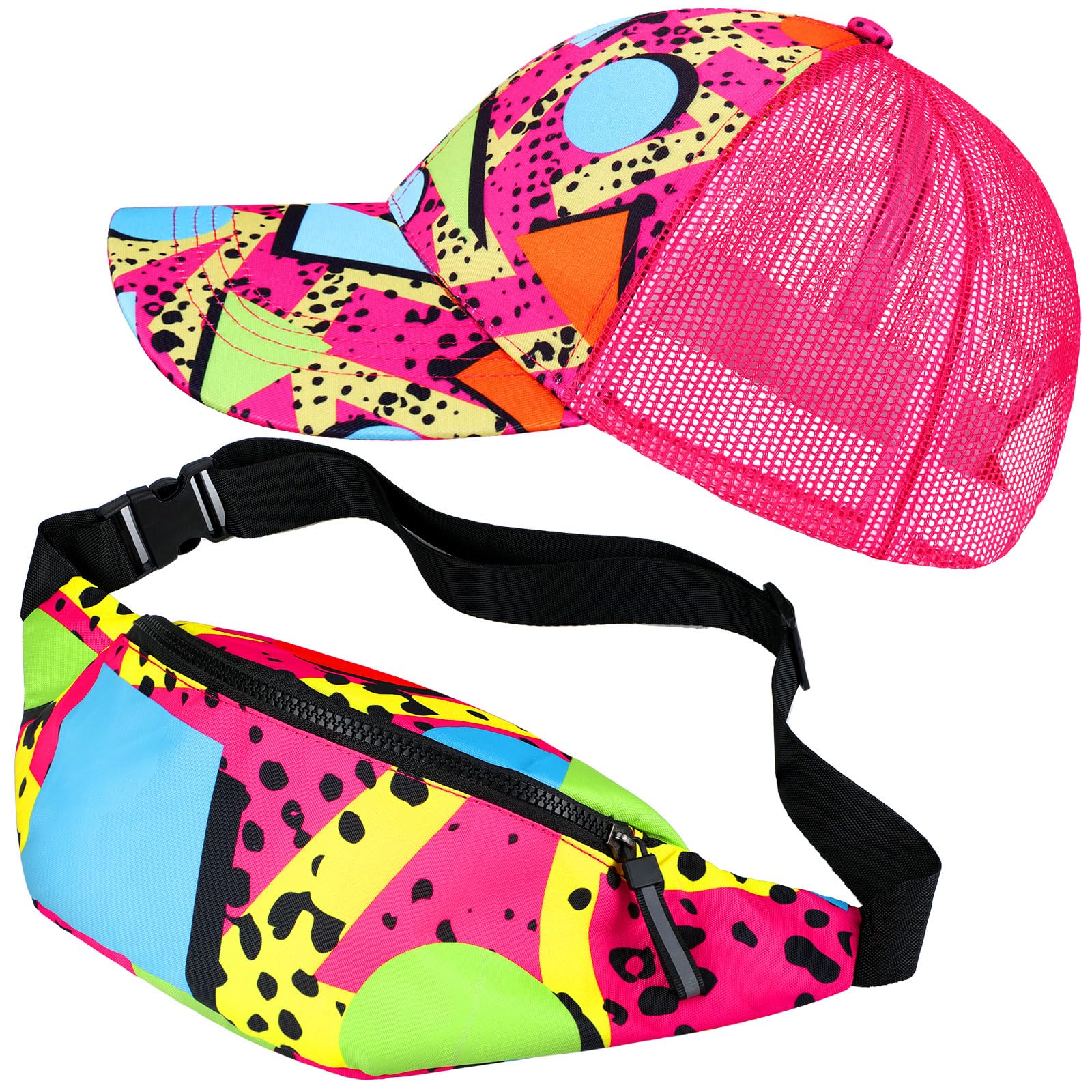 Velmitten2 Pcs Retro 80s 90s Outfits for Women Men Fanny Pack and Hat Costumes Accessories for Party Decorations
