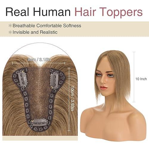 Miniatura 3 de Toppers de cabello humano real para mujer, base suiza, 3 clips, piezas de pelo para cabello corto y delgado, 10 pulgadas (#06 marrón claro)