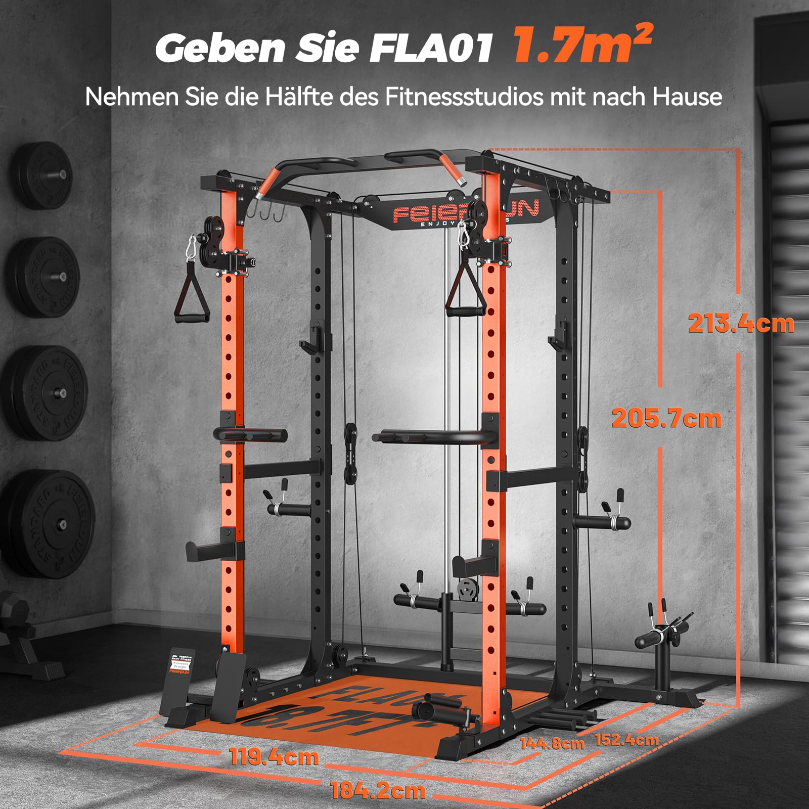 FEIERDUN Multifunktionaler Kniebeugen-Rack, Power Cage,907kg Kapazität, Power Rack mit verstellbarem Kabel-Crossover-System und zusätzlichen Aufsätzen, idealer Gewichtskäfig für Zuhause/Fitnessstudio