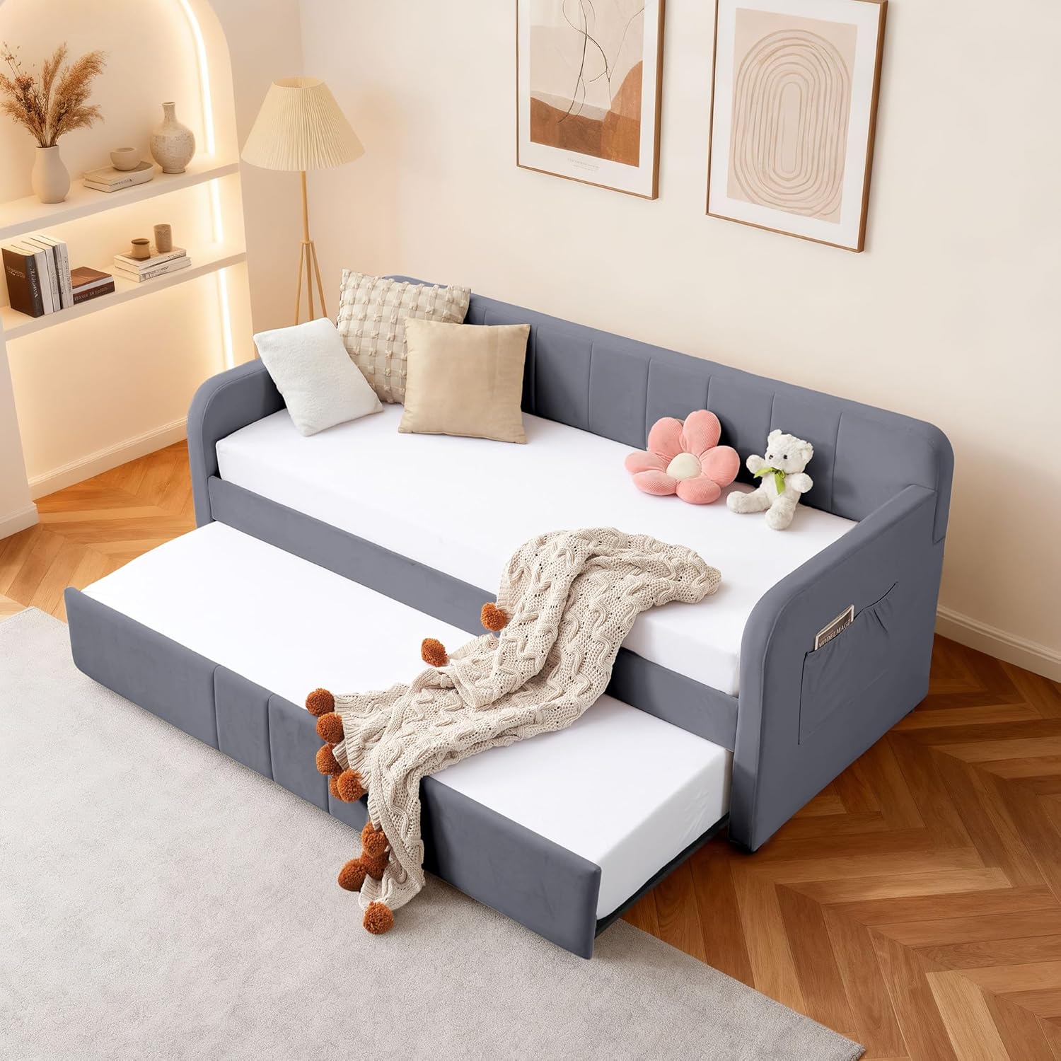 DNYN Twin Size Velvet Daybed Frame with Pop-up Trundle Bed for Bedroom Guest/Living Room, Space-Saving Upholstered Sofabed with USB Port & Side Pocket, No Box Spring Needed