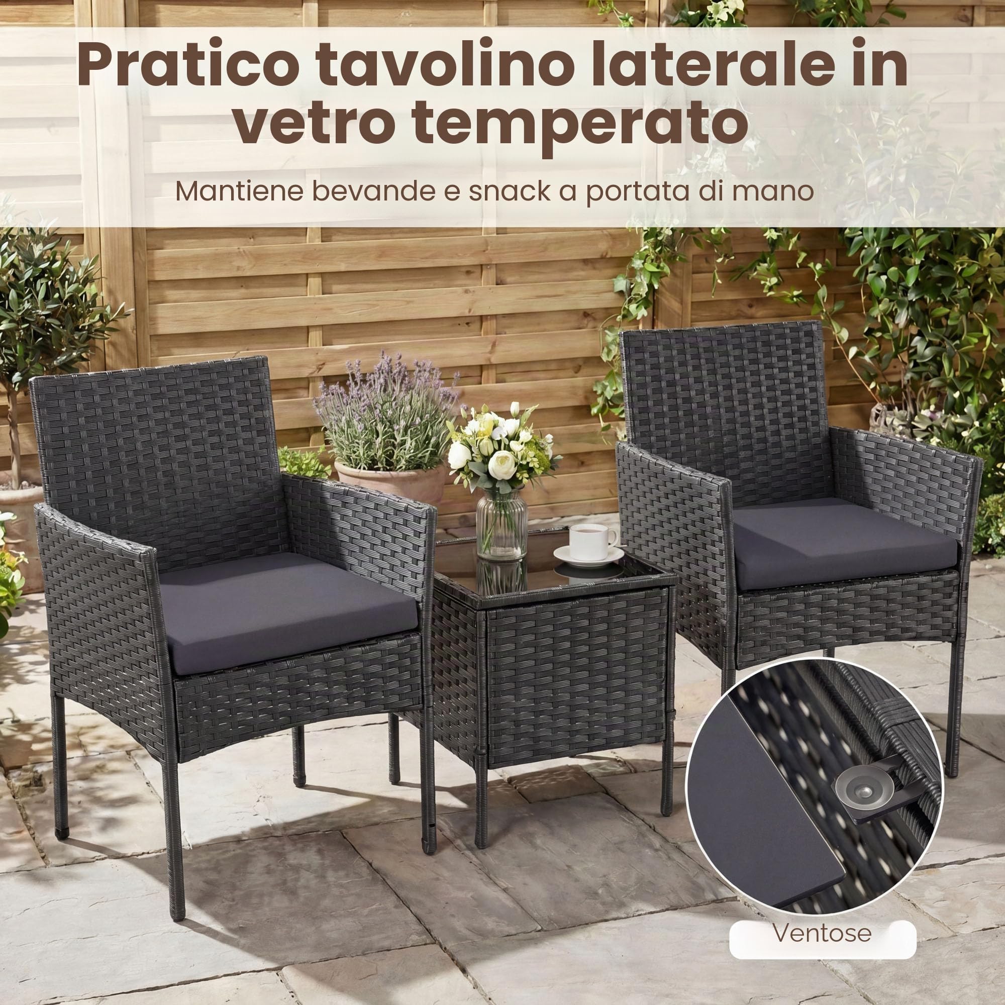 LIFEZEAL Set Mobili da Giardino in Rattan 2 Posti, Salotto da Giardino Esterno con 2 Poltrone, Cuscini Rimovibili, Tavolino da Caffè in Vetro Temprato, per Terrazza e Cortile (Cuscino Grigio)