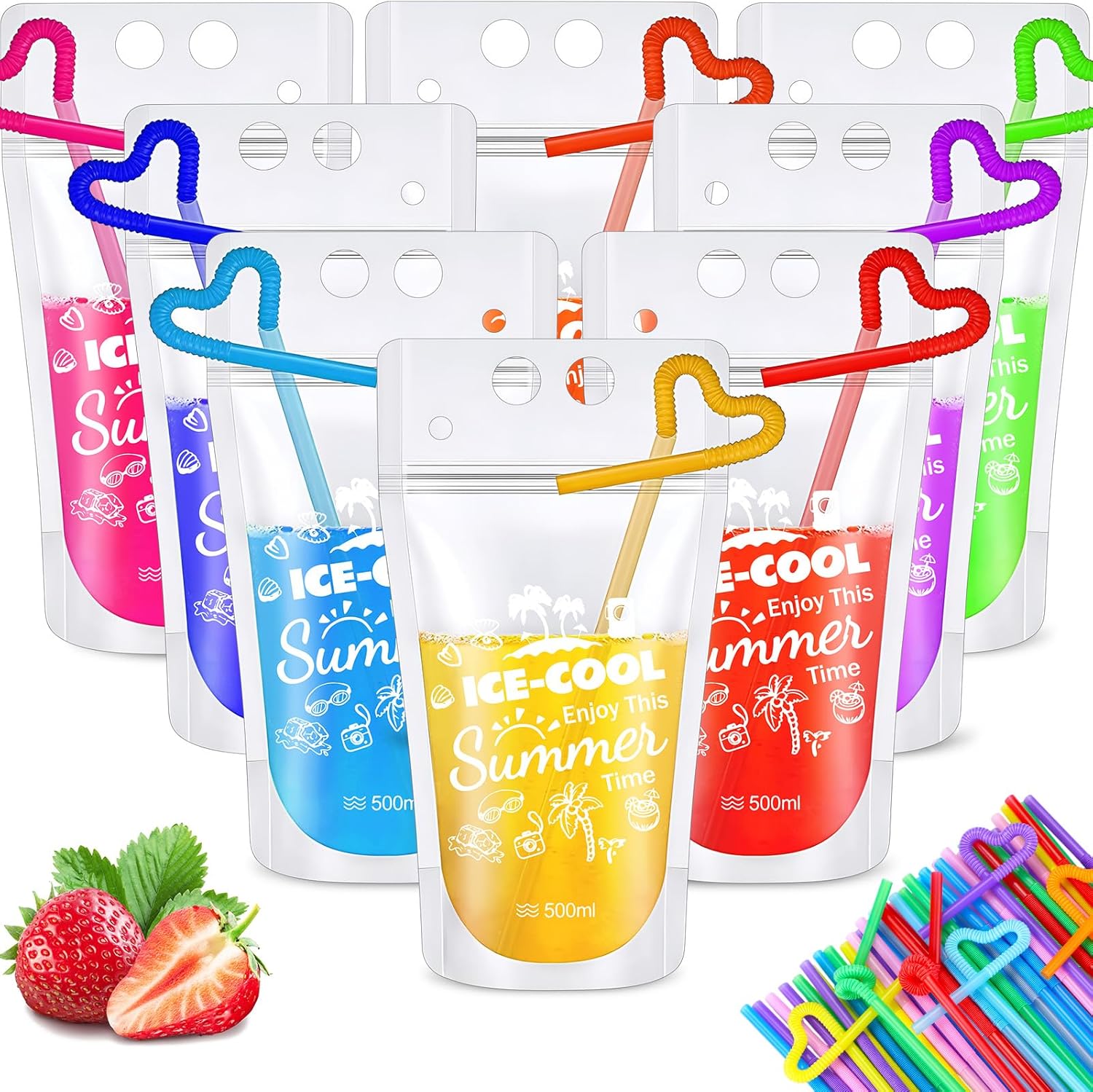 Nuenen 600 Pack Drink Pouches with Straws Plastic Juice Bags for Adults Disposable Drinking Bags Stand up Zipper Pouches for Smoothie Juice Coffee Tea Birthday Party (600 Pack,Summer)